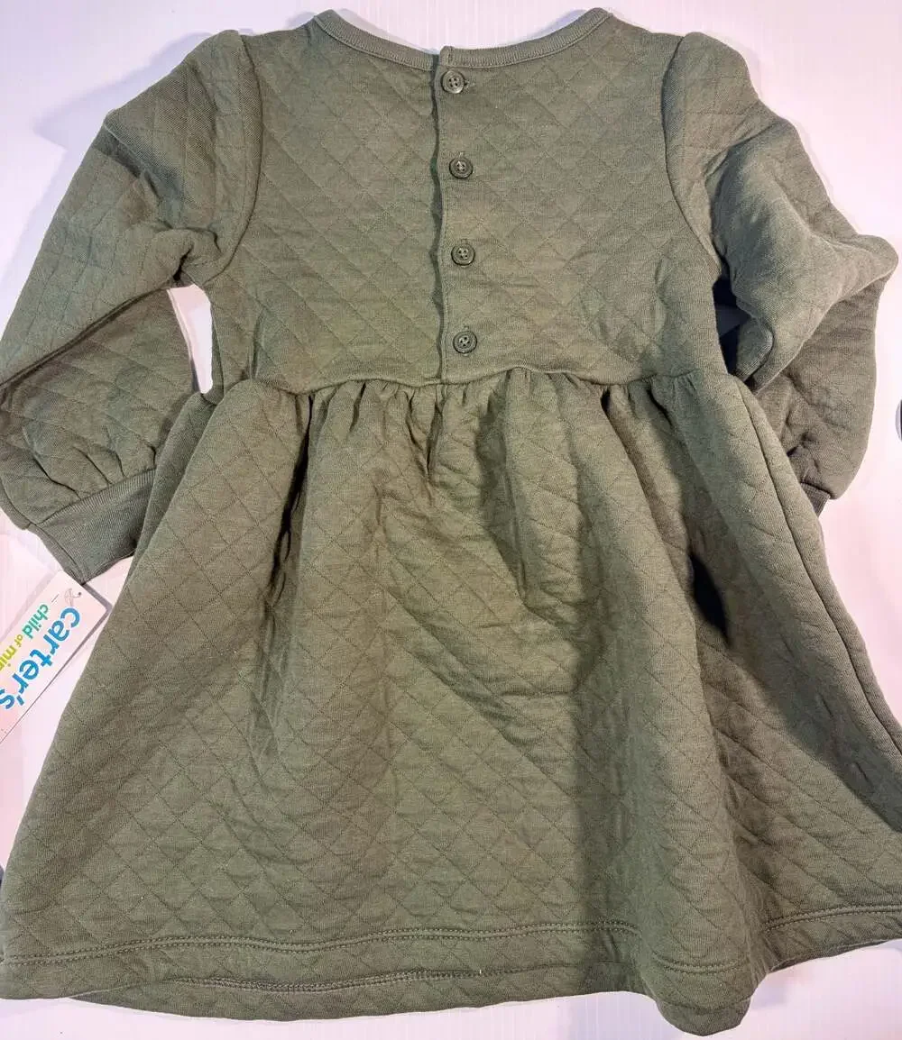 Carter's Child of Mine Toddler Girls Long Slv Quilted Dress,Olive Green,Size 2T